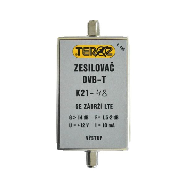 Anténny zosilňovač TEROZ 496X, UHF K21 až 48, filtr 5G, LTE, GSM, G14dB, F2dB, U95dBµV, F-F