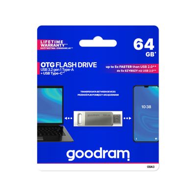 GOODRAM USB + USB C 64GB flash disk strieborný