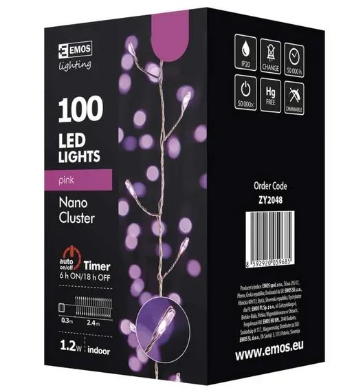 LED vianočná nano reťaz – strapec, 2,4m, ružová, časovač