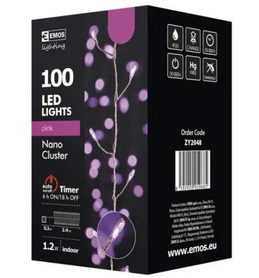 LED vianočná nano reťaz – strapec, 2,4m, ružová, časovač
