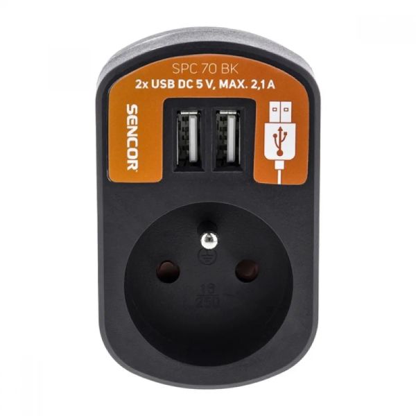Predlžovací prívod 1 zásuvka, 2x USB, 5V/2100mA SENCOR SPC 70 BK