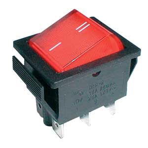 Spínač kolískový 2pol./6pin ON-ON 250V/15A červený
