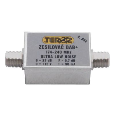 Anténny zosilňovač TEROZ 604X, nízkošumový, DAB, G23dB, F0,7dB, U>120dBµV, F-F