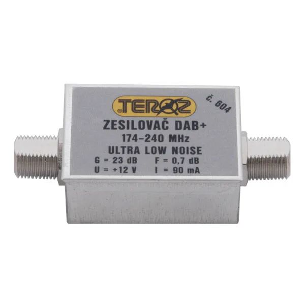 Anténny zosilňovač TEROZ 604X, nízkošumový, DAB, G23dB, F0,7dB, U>120dBµV, F-F