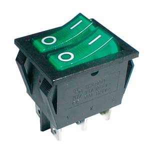 Prepínač kolískový 2x(2pol./3pin) ON-OFF 250V/15A pros. zelený