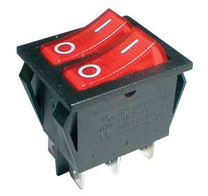 Prepínač kolískový 2×(2-pol./3-pin) ON-OFF 250 V/15 A pros. červený