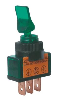 Prepínač páčkový   2pol./3pin  ON-OFF 12VDC prosv. zelený