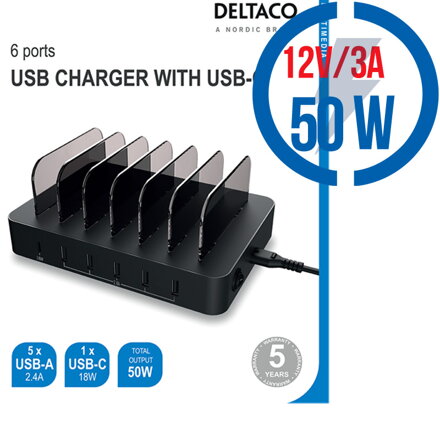 DELTACO DPS-0200, 5x USB A, Nabíjacia stanica, 50W