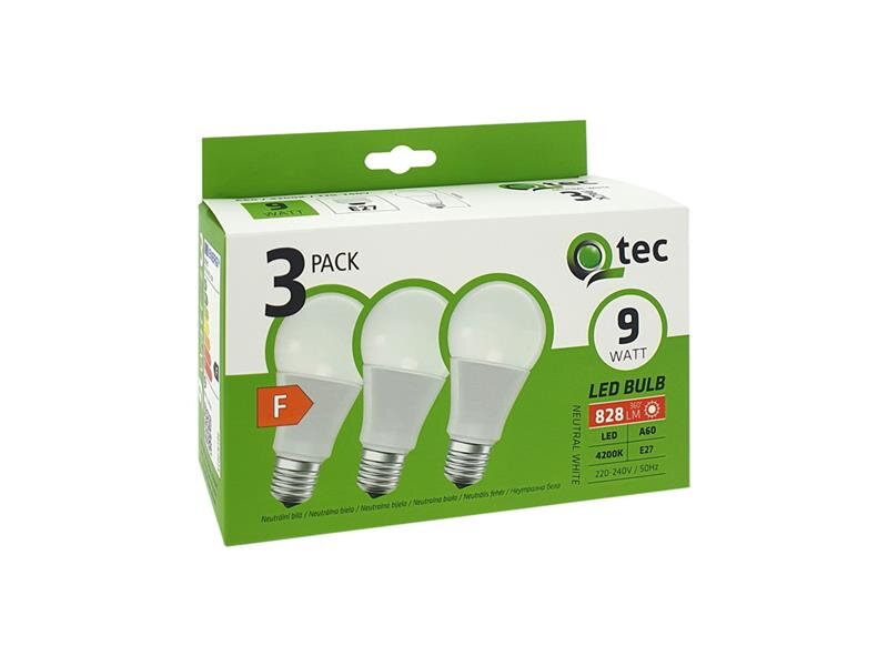 Žiarovka LED E27 9W A60 biela prírodná QTEC P1516 3ks